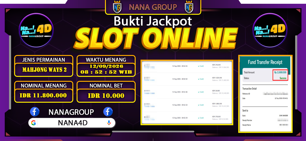 Bukti Kemenangan Besar Dibayar lunas Member NANA4D RP 11.800.000, 12 September 2026