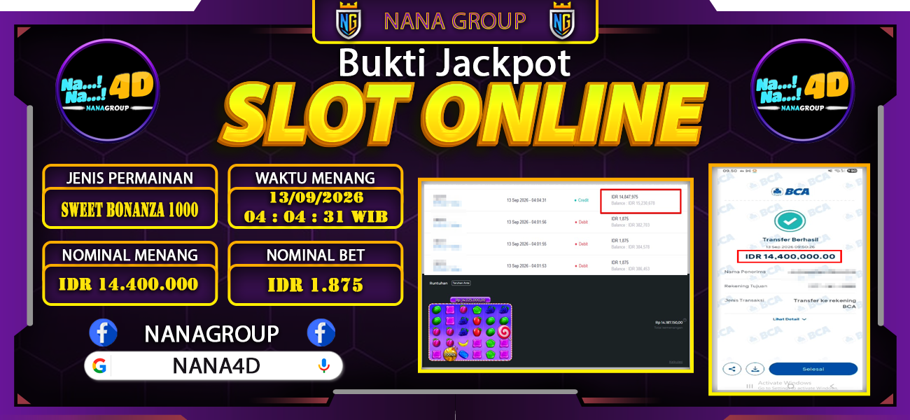 Bukti Kemenangan Besar Dibayar lunas Member NANA4D RP 14.400.000, 13 September 2026