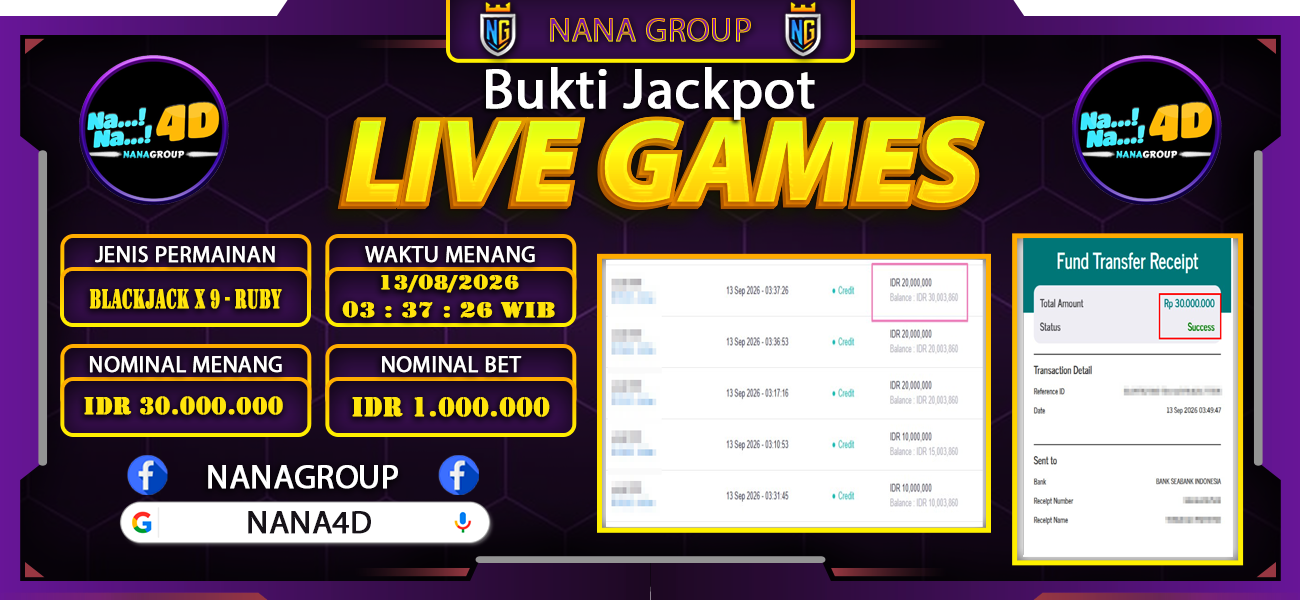 Bukti Kemenangan Besar Dibayar lunas Member NANA4D RP 30.000.000, 13 September 2026