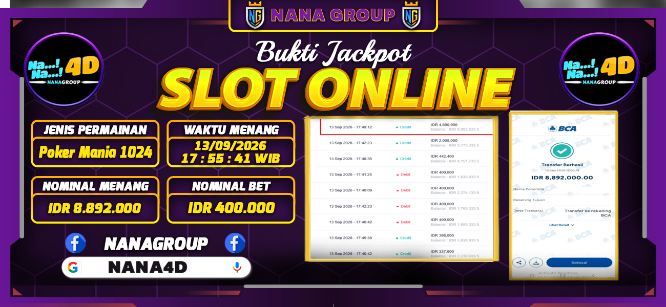 Bukti Kemenangan Besar Dibayar lunas Member NANA4D RP 8.892.000, 13 September 2026