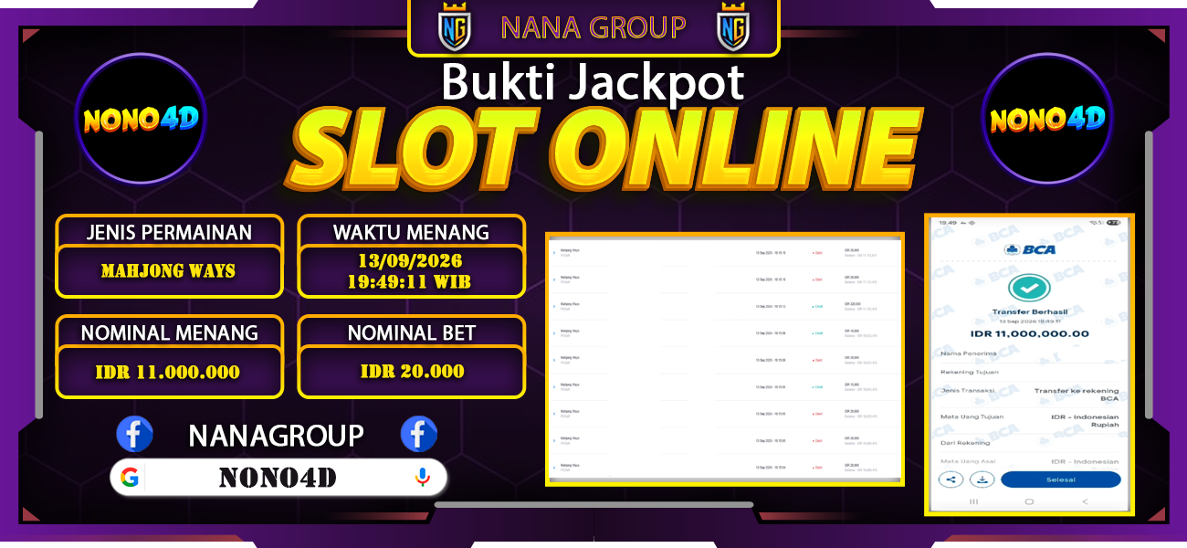 Bukti Kemenangan Besar Dibayar lunas Member NONO4D RP 11.000.000, 13 September 2026