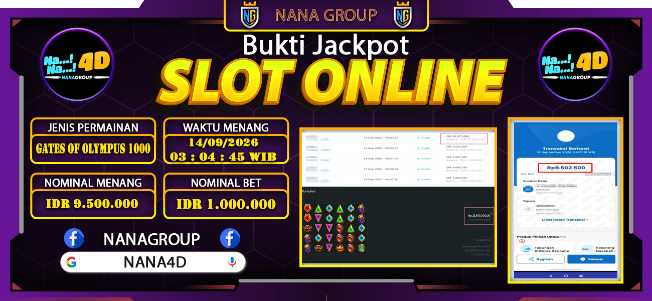 Bukti Kemenangan Besar Dibayar lunas Member NANA4D RP 9.500.000, 14 September 2026